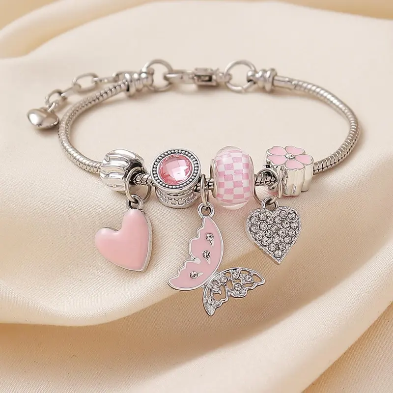 Cute Butterfly & Heart Design Charms Bracelet, Rhinestone Decor Link Bracelet, Heart Shaped Bracelet for Women & Girls, Fashion Jewelry for Party, Daily, Trendy Jewelry for Birthday Gift, Valentine's Day, Bracelet, Fashion Bracelets