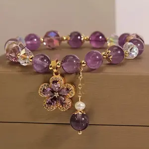 1Pc Amethyst Fashionable Bead Bracelet with Flower Pendent Perfect for Women