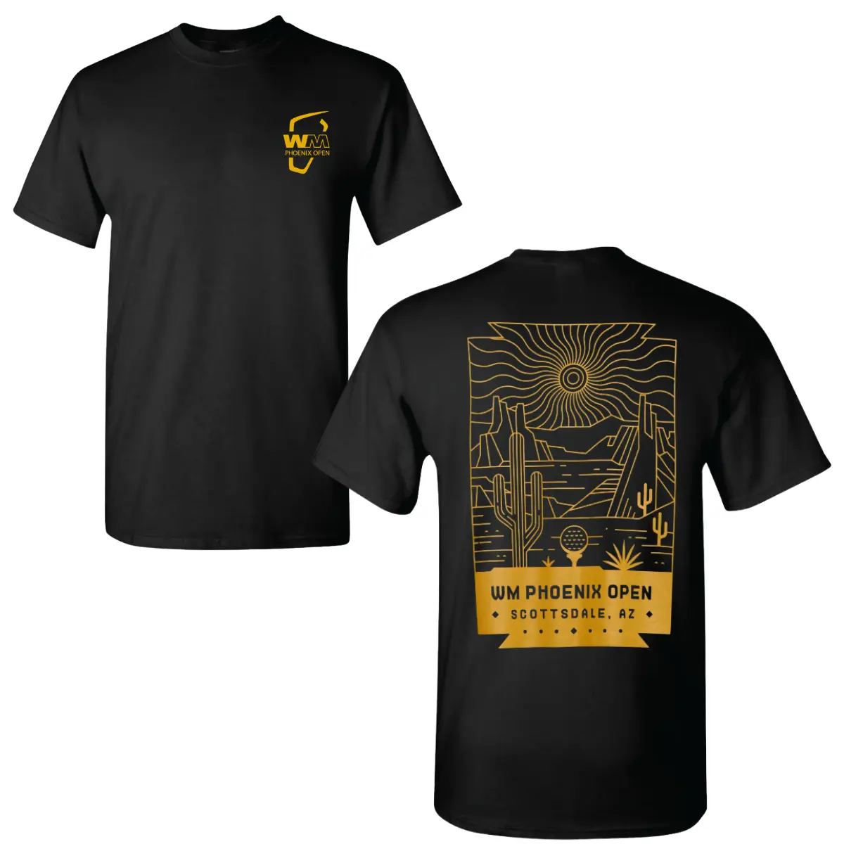 🏌️ ‍ ♂️ ⛳ WM Phoenix Open Golf T-Shirt, Scottsdale Arizona Desert Line Art Graphic Tee, Tournament Souvenir Shirt with Front and Back Print,  Golf Apparel for Men and Women