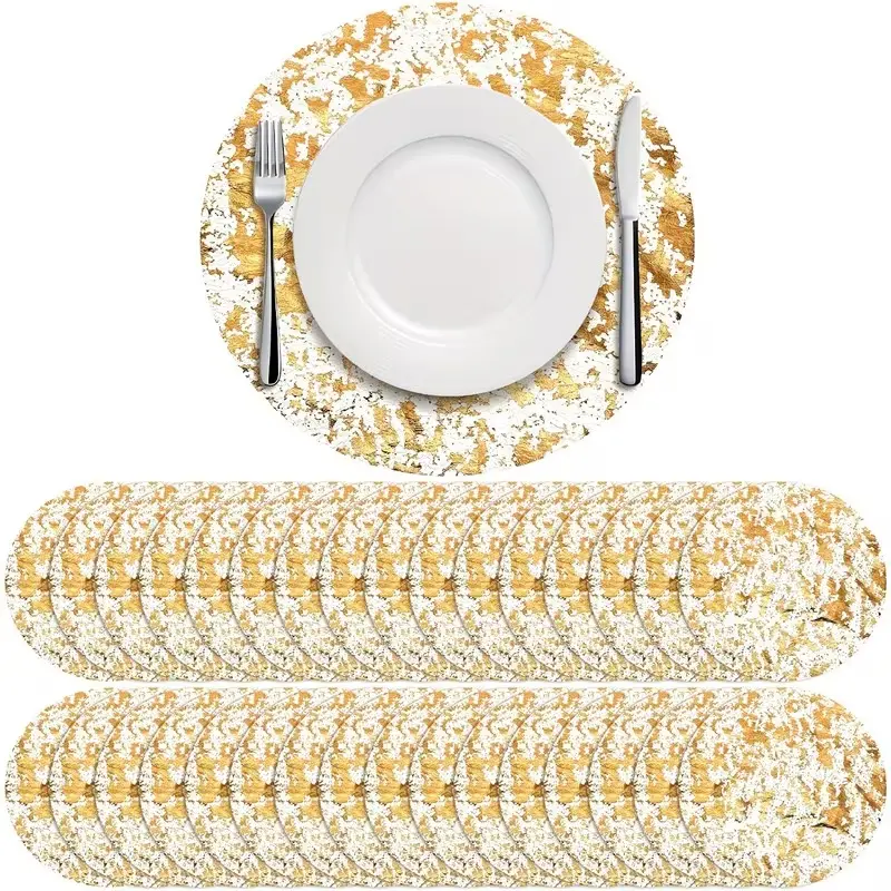50pcs Disposable Golden Placemats Set, Round Golden Foil Mesh Pressed Table Doilies, Thin Mesh Table Pad For Home, Room Decoration, Dining Table Decor campingessentials