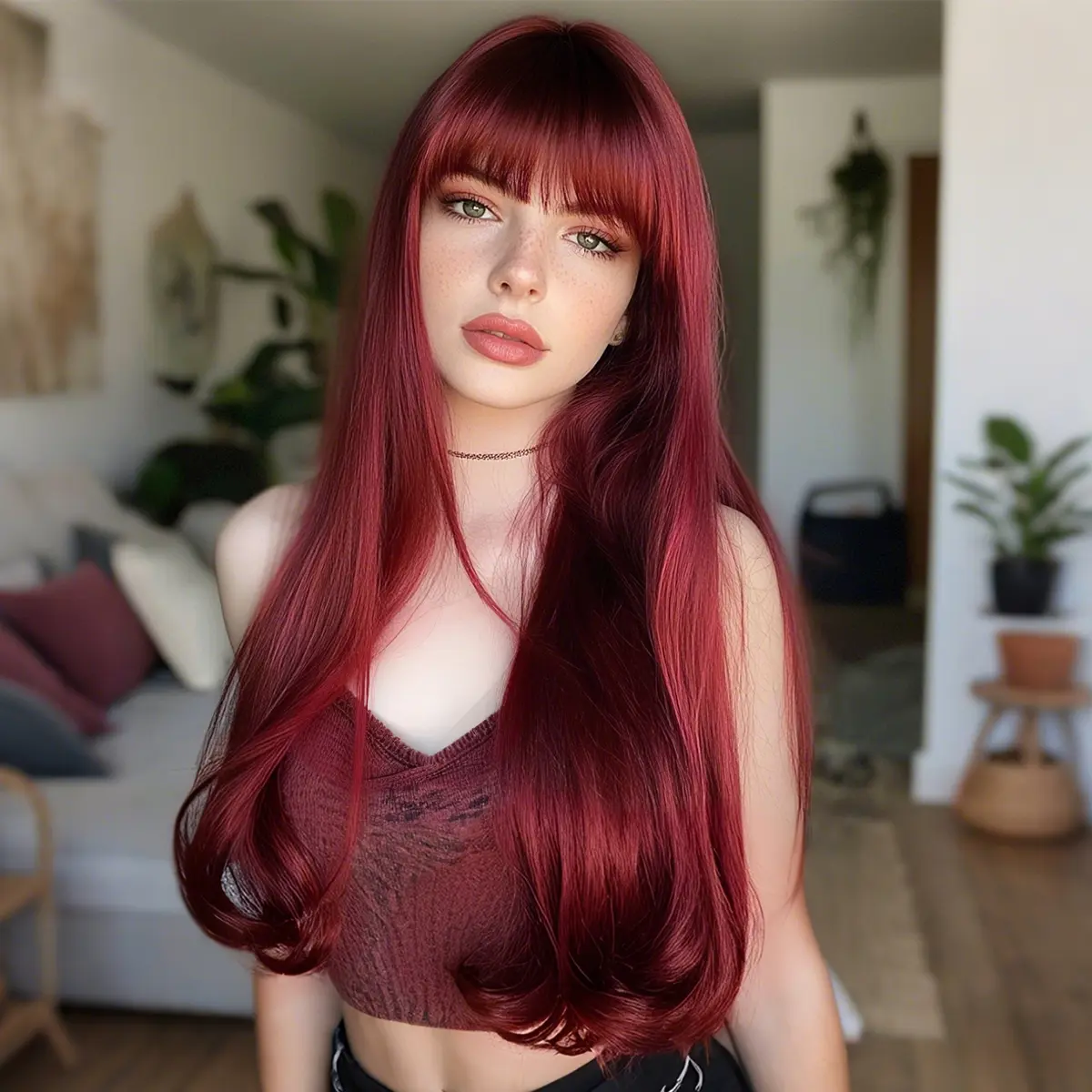 SMILCO/24 Inches Wine Loose Curly with Bangs Synthetic Material Wigs/SM368