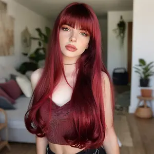 SMILCO/24 Inches Wine Loose Curly with Bangs Synthetic Material Wigs/SM368