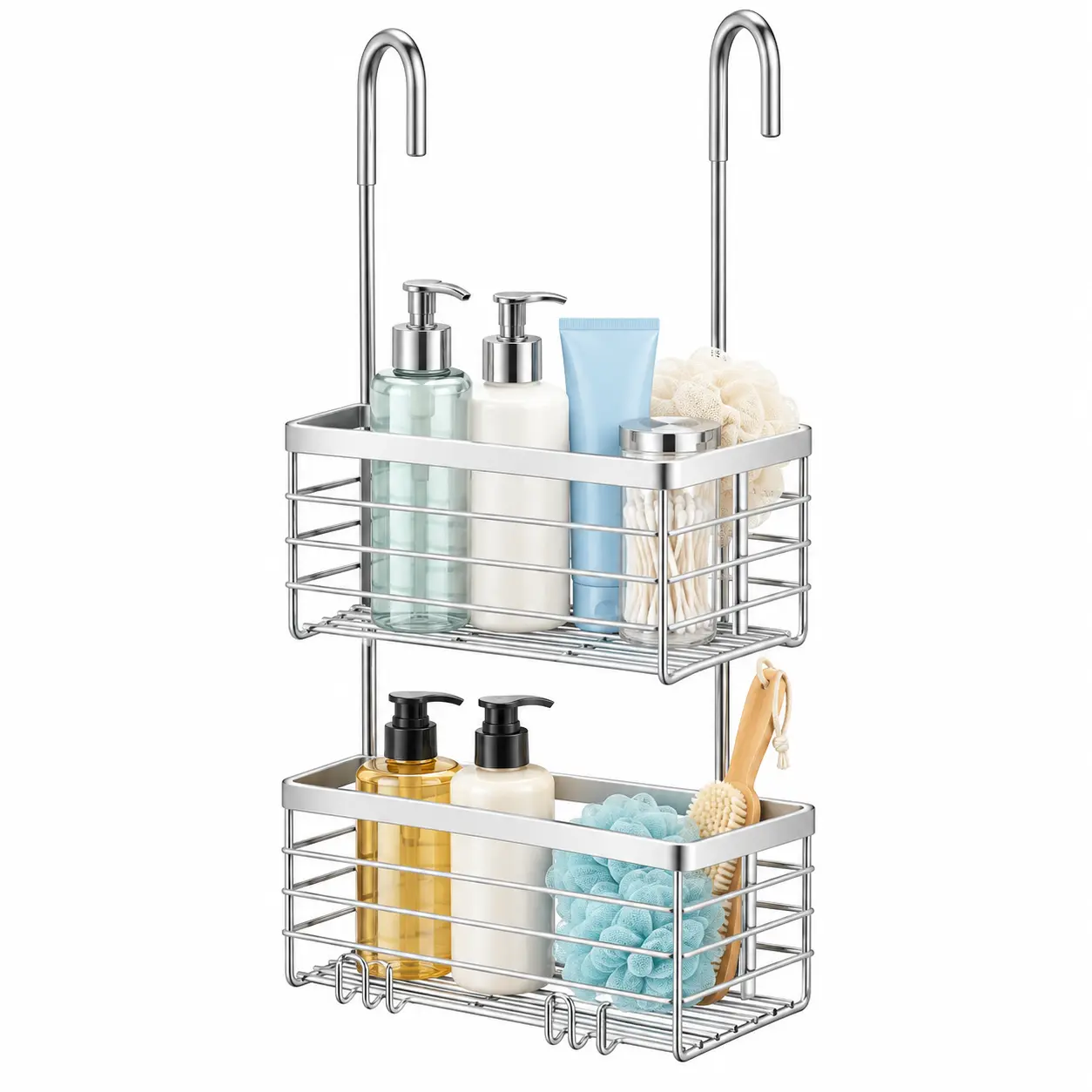 2 Tier Shower Caddy Hanging Over the Door (Silver) | Shower Organizer Rack 304 Stainless Steel Rustproof Bathroom Storage Shampoo Holder Basket