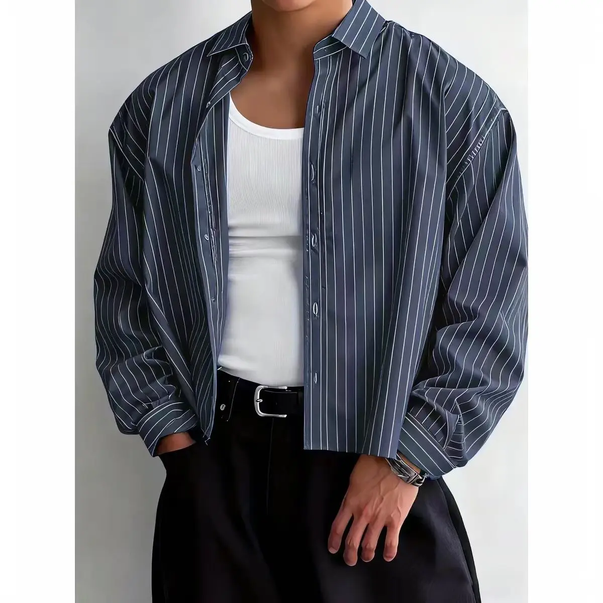 Menswear Casual Striped Top - Men's Minimalist Commuter Polyester Shirt, Turn-Down Collar, Single-Breasted Button Closure, Relaxed Drop-Shoulder, Long Sleeves, Cropped Length, Cool Stylish for Everyday Commute