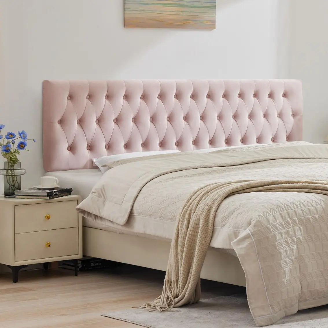 Tbfit Plush Velvet Upholstered King Headboard Only - Adjustable Furniture-Style Button Tufting Headboard for Bed, Solid Wood Legs, Soft Support, Stable Structure, Quick Setup Bedroom Furniture Upgrade