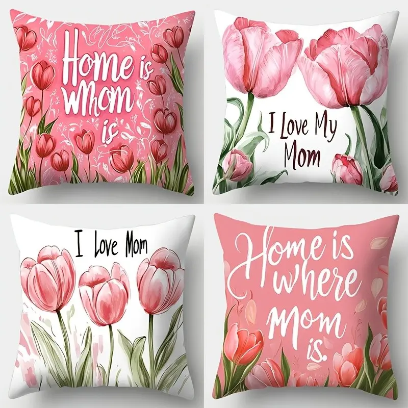 4pcs-Mother's Day Themed Throw Pillow Covers, Pink Tulip Pattern Design,   Perfect for Mother'S Day, Suitable Living Room, Bedroom, Sofa and Bed Decoration, 2D Flat, Single Sided Printing, Bedroom Decorative Accessories, No Pillow Core