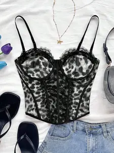 Lace Trim Leopard Print Bra with Bone Structure, Mesh Sheer, Party Date Wear, Bold Inner Outerwear, Sexy Lingerie Top