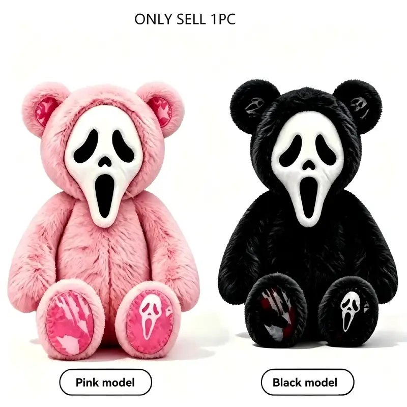 Halloween Ghostface Bear Plush, Classic Scream Horror Movie Character Stuffed Doll, Soft Fluffy Spooky Toy Home Ornament Gift