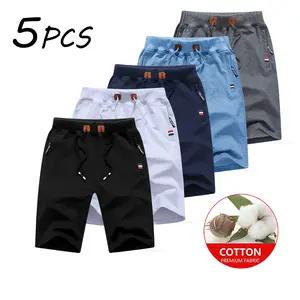 100%Cotton 3/5 pcs high-quality men’s summer cotton casual Bermuda shorts, adjustable elastic waistband with drawstring; striped pockets; leather patch decoration; breathable and comfortable; suitable for everyday outdoor wear; versatile plain menswear.