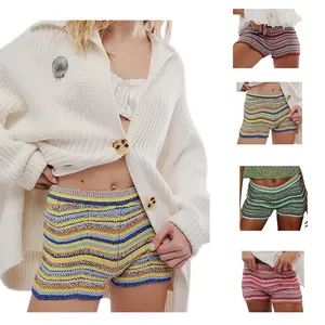 Yimoon Women's Y2K Striped Crochet Knit Shorts Rainbow Color Block Elastic Waisted Comfy Lounge Mini Shorts