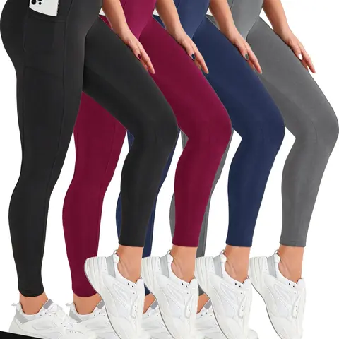 Women's Elastic High Waist Leggings 4-Pack (Red, Black, Gray, Blue) - Slimming, Breathable, Comfortable Fabric, Pockets, Women's Clothes, Activewear Finds, Skinny Trousers, Athletic Bottoms for Fitness