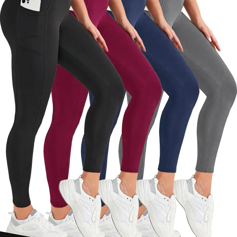 Women's Elastic High Waist Leggings 4-Pack (Red, Black, Gray, Blue) - Slimming, Breathable, Comfortable Fabric, Pockets, Women's Clothes, Activewear Finds, Skinny Trousers, Athletic Bottoms for Fitness