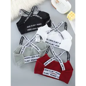 Set of 4 Lettered Sports Bras with Straps, Sleeveless Round Neck Bras, Comfortable And Breathable Activewear, Women'S Lingerie Multi-Pack Shockproof Running Yoga Underwear, Padded Wireless Bras.