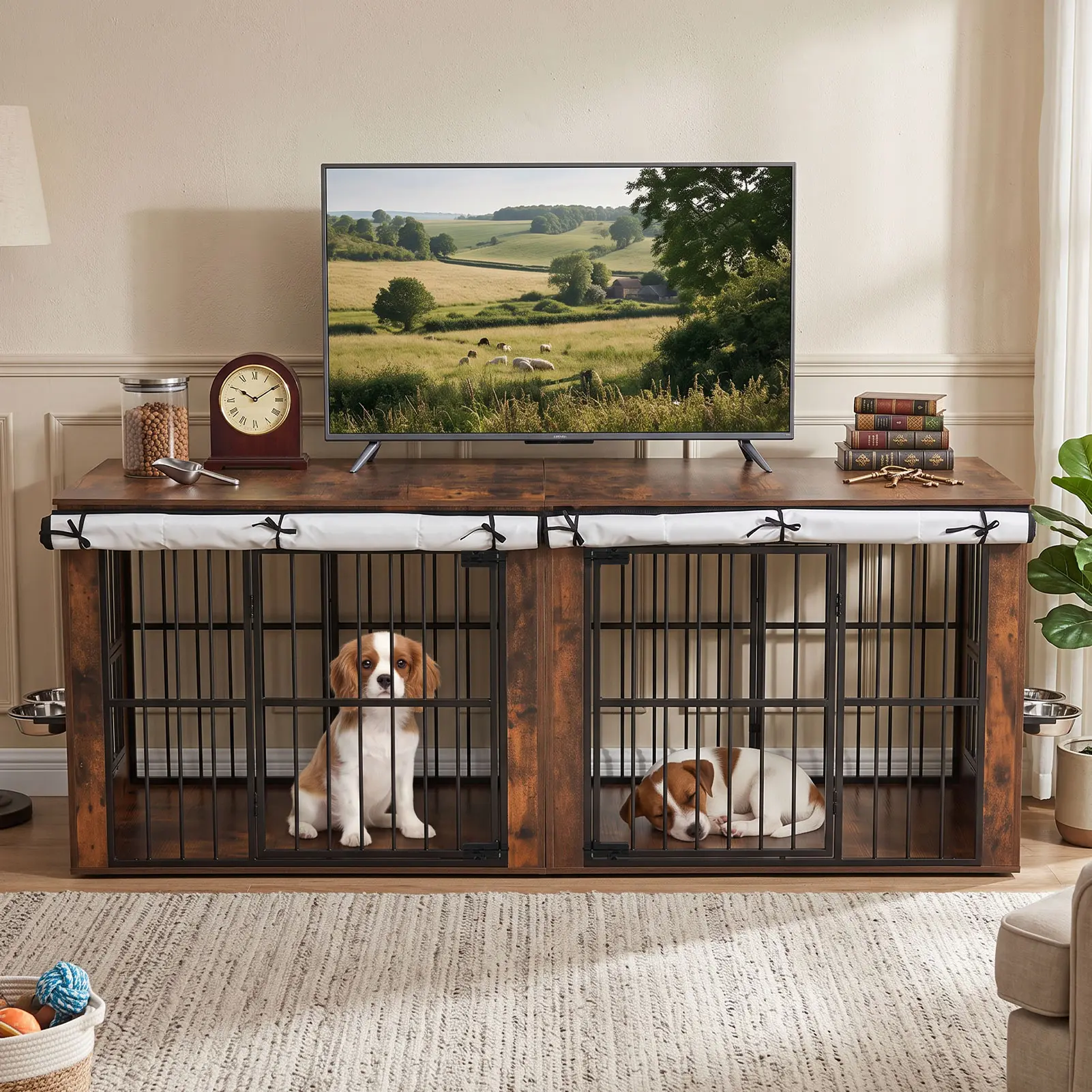 Wooden Double Dog Crate Furniture – 78" Extra Large Indoor Dog Kennel with Removable Divider, Heavy Duty Chew-Proof Wooden Pet Cage for 2 Large/Medium Dogs, Farmhouse TV Stand Side Table