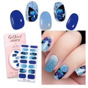 16pcs Blue Semi Cured Gel Nail Strips, Fall Oil Painting Star Moon Glitter Self-Adhesive Gel Nail Full Wraps, Easy to Manicure, Salon Quality, Suitable for Women's Home DIY Nail Stickers, DIY Nail Art