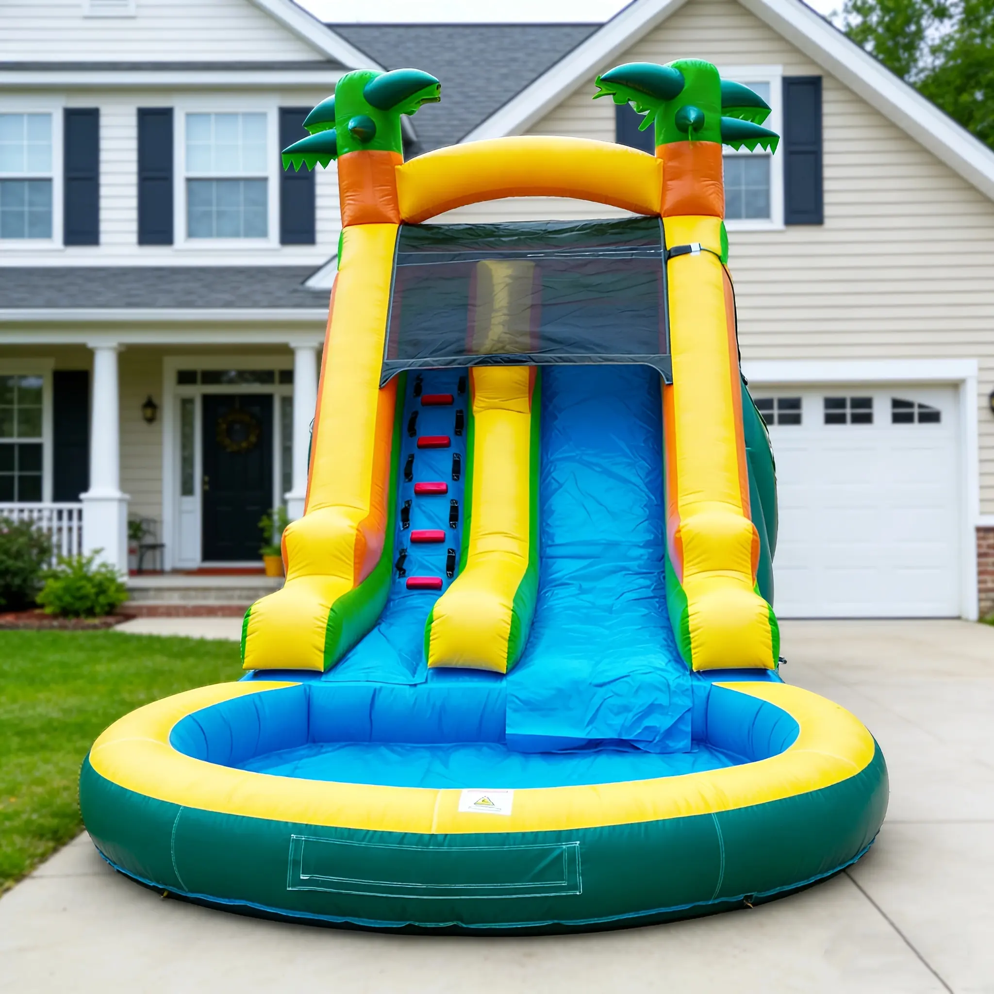 PVC Tropical Themed Inflatable Water Slide Bounce House for Kids Or Adults, Semi-Commercial, Park Use, Outdoor Water Play Slide, Outdoor Large Deep Pool Water Slide, Dry Wet Use