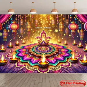 1pc 2D Flat Banners, Vibrant Diwali Festival Polyester Photography Backdrop - Colorful Rangoli Pattern with Golden Diya, Candle Holder & Festive Decor - Perfect for Indoor/Outdoor Party, Birthday White
