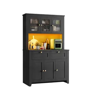 Garvee Pantry Cabinet with  Charging Station, Farmhouse Kitchen Pantry Storage Cabinet with Countertop, Large Kitchen Hutch with Storage Drawers and Adjustable Shelves & Water Ripple Design for Dining Room,