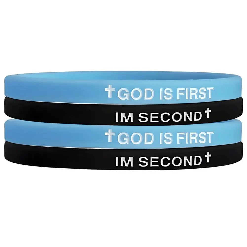 GOD IS FIRST IM SECOND Christian Rubber Bracelets Inspirational Engraved Bible Verses Cross Silicone Bracelet For Women Men Faith Gifts (Set of 4 Bracelets)
