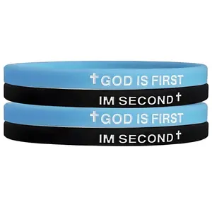 GOD IS FIRST IM SECOND Christian Rubber Bracelets Inspirational Engraved Bible Verses Cross Silicone Bracelet For Women Men Faith Gifts (Set of 4 Bracelets)
