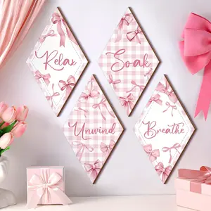 4-Piece Bow Bathroom Decor Set, 9.5x5.5 Inches, Relax Bathing Design, Cute Style Home Laundry Room Wall Decoration
