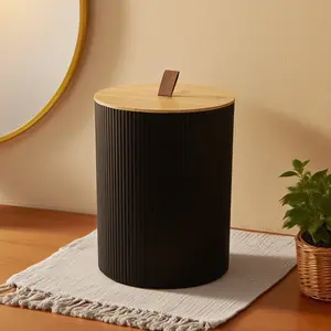 Large Capacity Bamboo Cover Trash Can, Simple Striped Design, Ideal for Home Living Room & Bathroom Storage, Durable Waste Bin