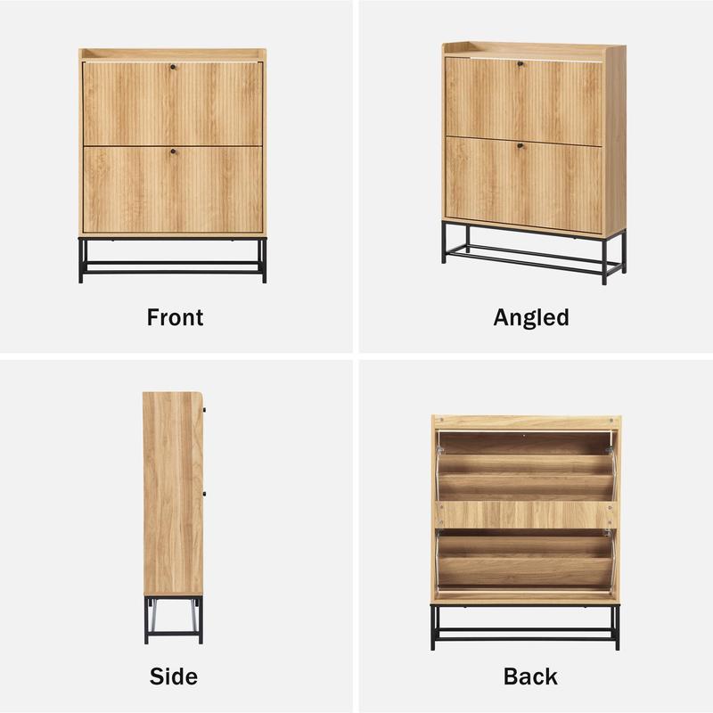 Giratree Fluted Shoe Cabinet with 2 Flip Drawers, Modern Slim Shoe Storage Organizer, Narrow Entryway Shoe Rack, Tipping Shoe Cabinet with Metal Legs for Heels, Boots, Slippers in Entrance