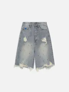 Jean Shorts Womens Rhinestone-Embellished Distressed High-Waisted Washed Loose-Fit Denim Shorts With Frayed Hems Ripped Details And Heart-Shaped Embellishments Knee-Length Shorts Perfect For Y2k Street Style Everyday Summer Wear And Club Fashion