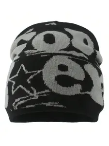 Unisex Y2K-Style Letter Jacquard Knit Beanie Fitted, Warm Street Hat for Outdoor Wear, Beanie for Autumn and Winter, Fashionable Cold-Weather Headwear