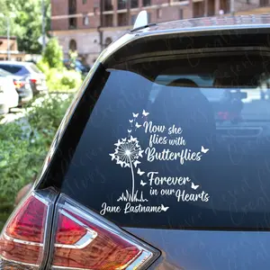 Now She Flies with Butterflies Vinyl Decal - Memorial Vinyl Decal - Dandelion Butterfly Memorial Sticker - Forever in our Hearts Car Decal