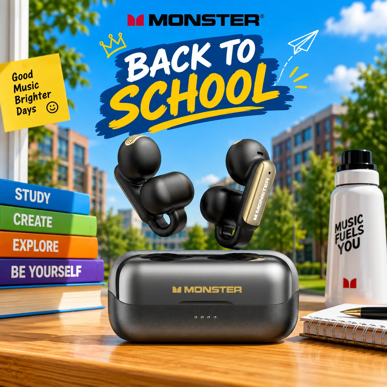 Monster Clip-On Open-Ear Wireless Earphones (Electronic Audio Headset), Bluetooth 6.0, ENC Noise Cancelling Mic, Ultra-Light Secure Fit, Small-Ear Friendly, Gym Sports Comfort, Hi-Fi Stereo Sound, 165H Playtime -TikTokShopBackToSchool, Music