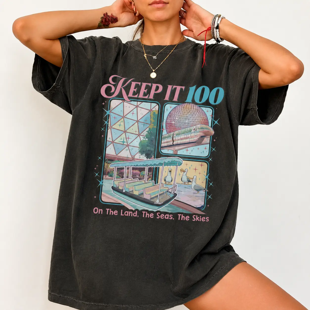 Epcot Inspired Keep It 100 Comfort Colors Shirt, The Land The Seas The Skies Tee, WDW Family Vacation Gift