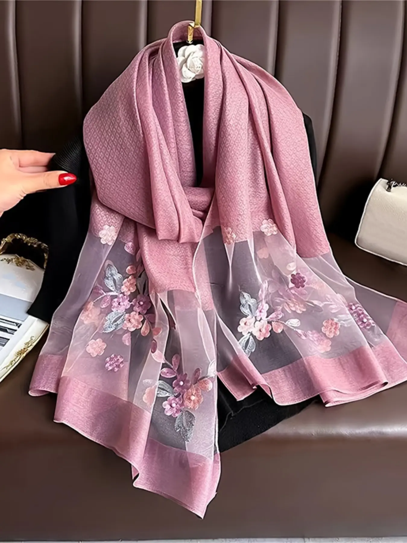 1pc Silk-Like Embroidered Scarf, Bohemian Style Beaded Shawl, Lightweight Breathable Elegant Fashion Headscarf, Perfect for Commute, Beach, Daily Wear
