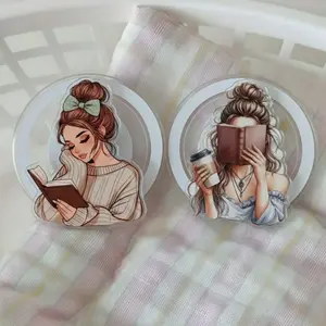 Cute girl reading book phone grip, aesthetic book lover popsocket, book girl smartphone stand holder accessory for iPhone and Android