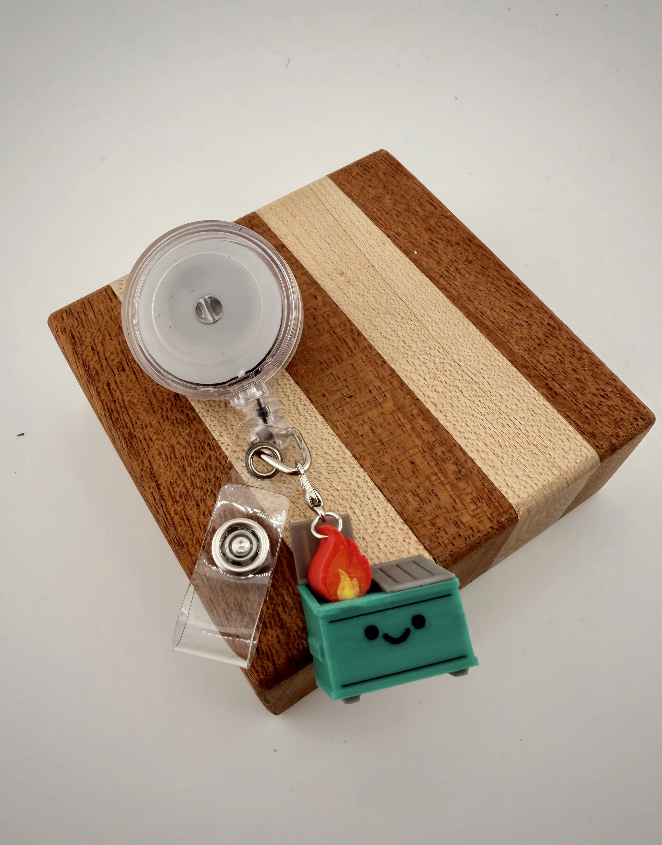 Cute Dumpster Fire Charm - badge reel accessory - 3d printed kawaii smile face