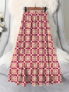 Women's Plus Size Square Print Dress, Sweet Romantic Style, Loose-Fitting High Waist Long Skirt, Casual Wear Spring & Fall Fashion Bottoms