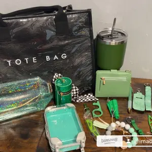 Tote Bag Set with Green Tumbler, Wallet, and Accessories for Everyday Use