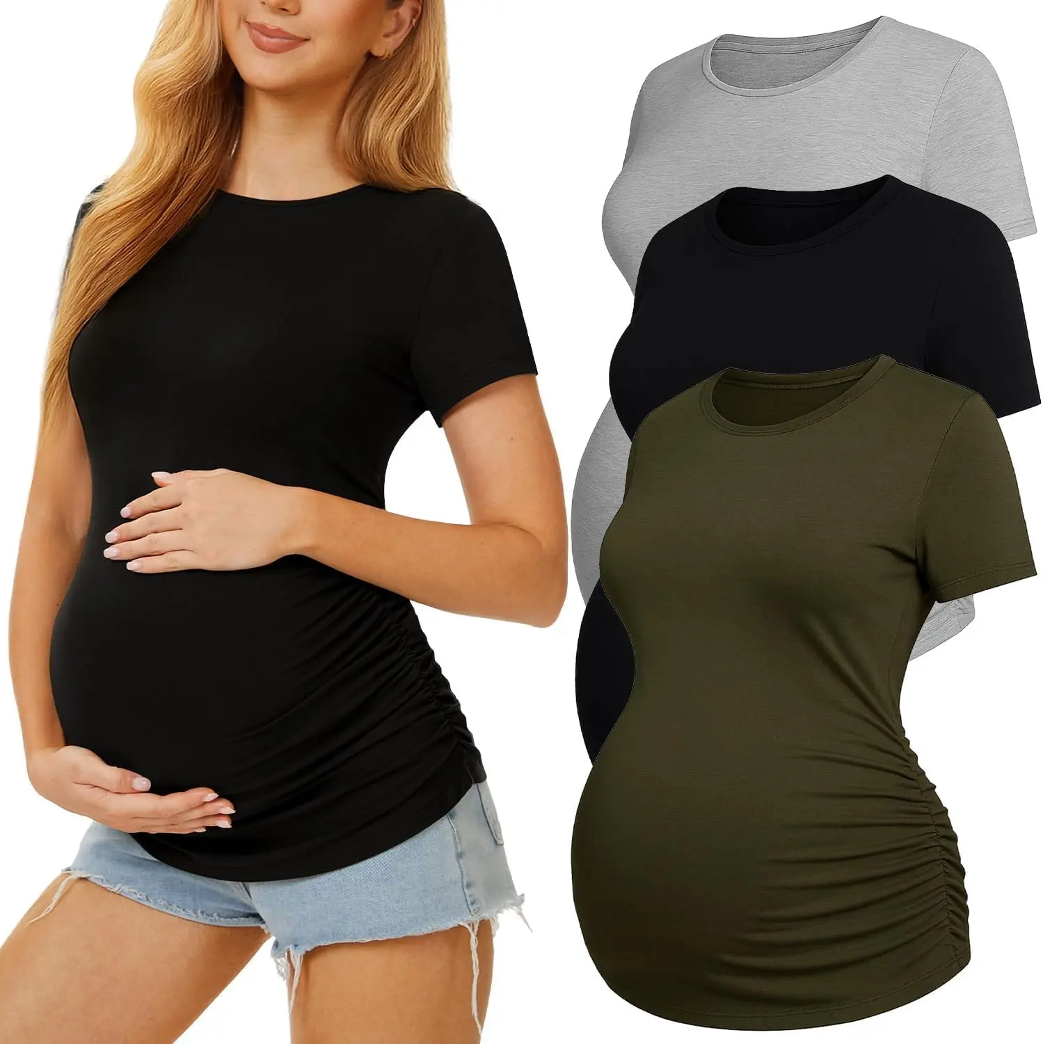 3 Pack Womens Maternity Shirts, Crew Neck Maternity Top Short Sleeve, Crew Neck Top, Casual Top, Side Ruched Fit, Pregnancy Wardrobe Basic, For Daily Wear, Layering, Workdays, Layered Looks