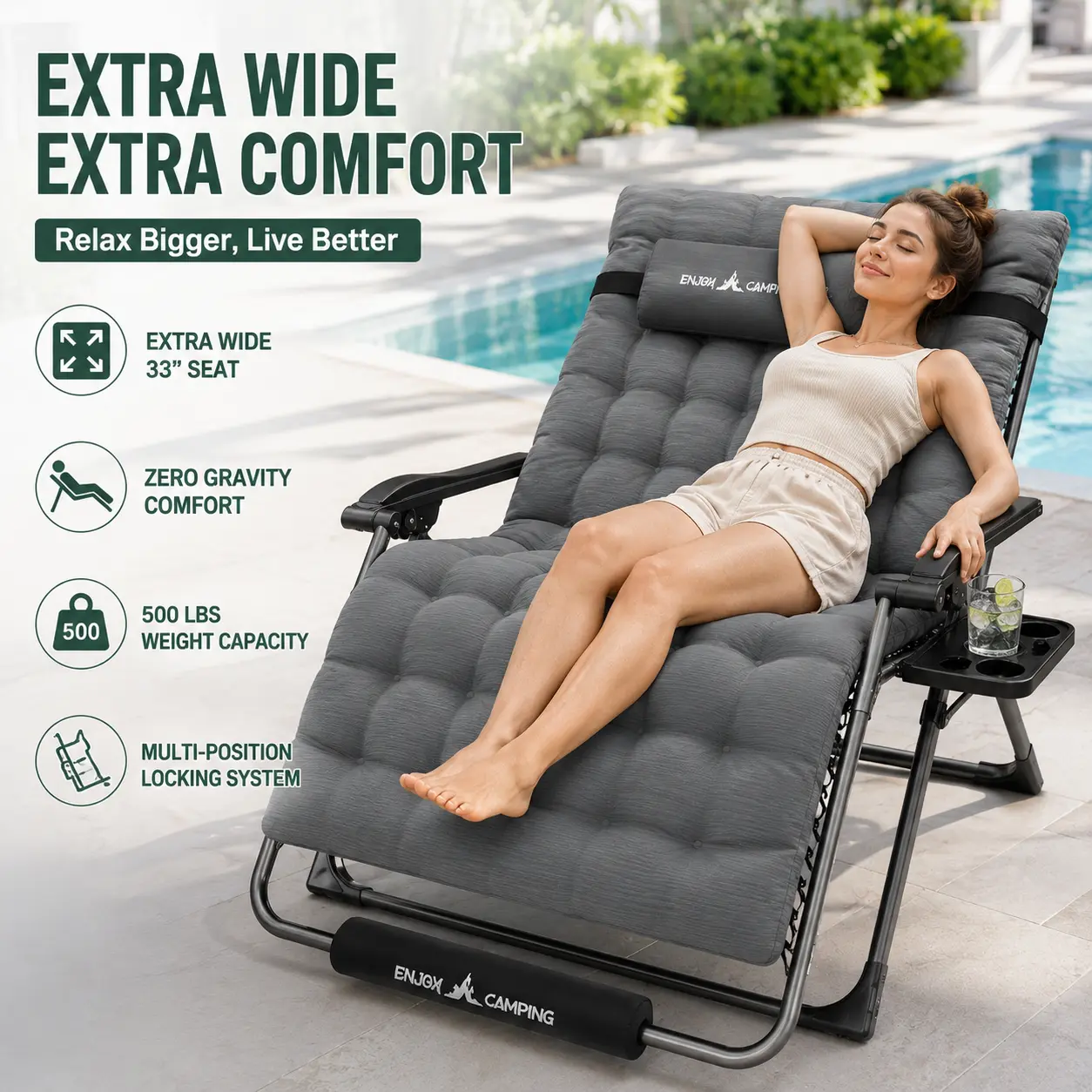 【Summer Sale】UDPATIO Oversized Zero Gravity Chair, 33In Patio Outdoor Folding Recliner with Pillows|Cup Holder|Foot Rest|Padded Headrest, Support 500LB for Lawn