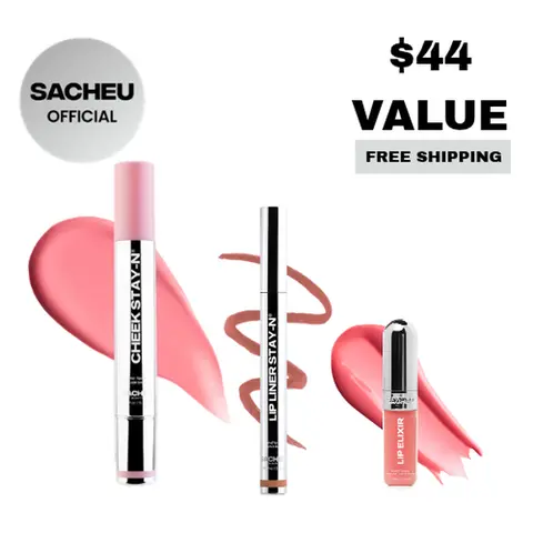 sacheu Cheek & Lip STAY-N Trio | Blush, Lip Liner & Gloss Trio | All-Day Dewy Lip & Cheek Set Glossy Nourishing
