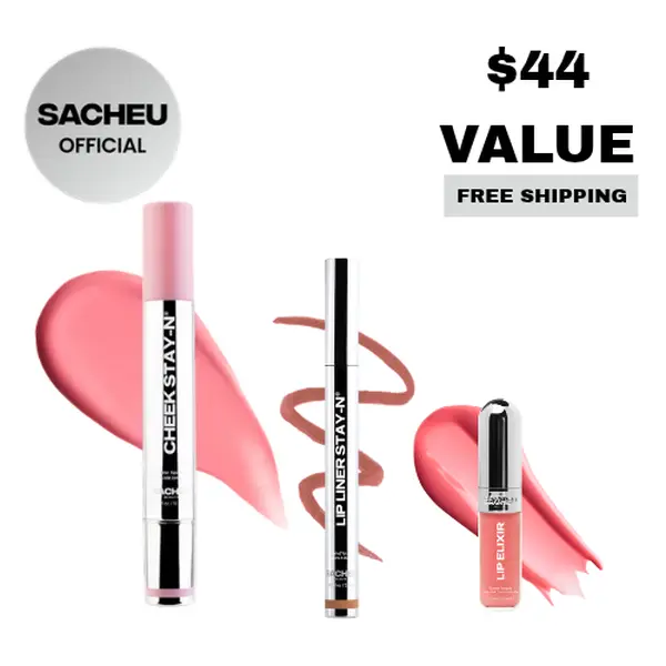 sacheu Cheek & Lip STAY-N Trio | Blush, Lip Liner & Gloss Trio | All-Day Dewy Lip & Cheek Set Glossy Nourishing