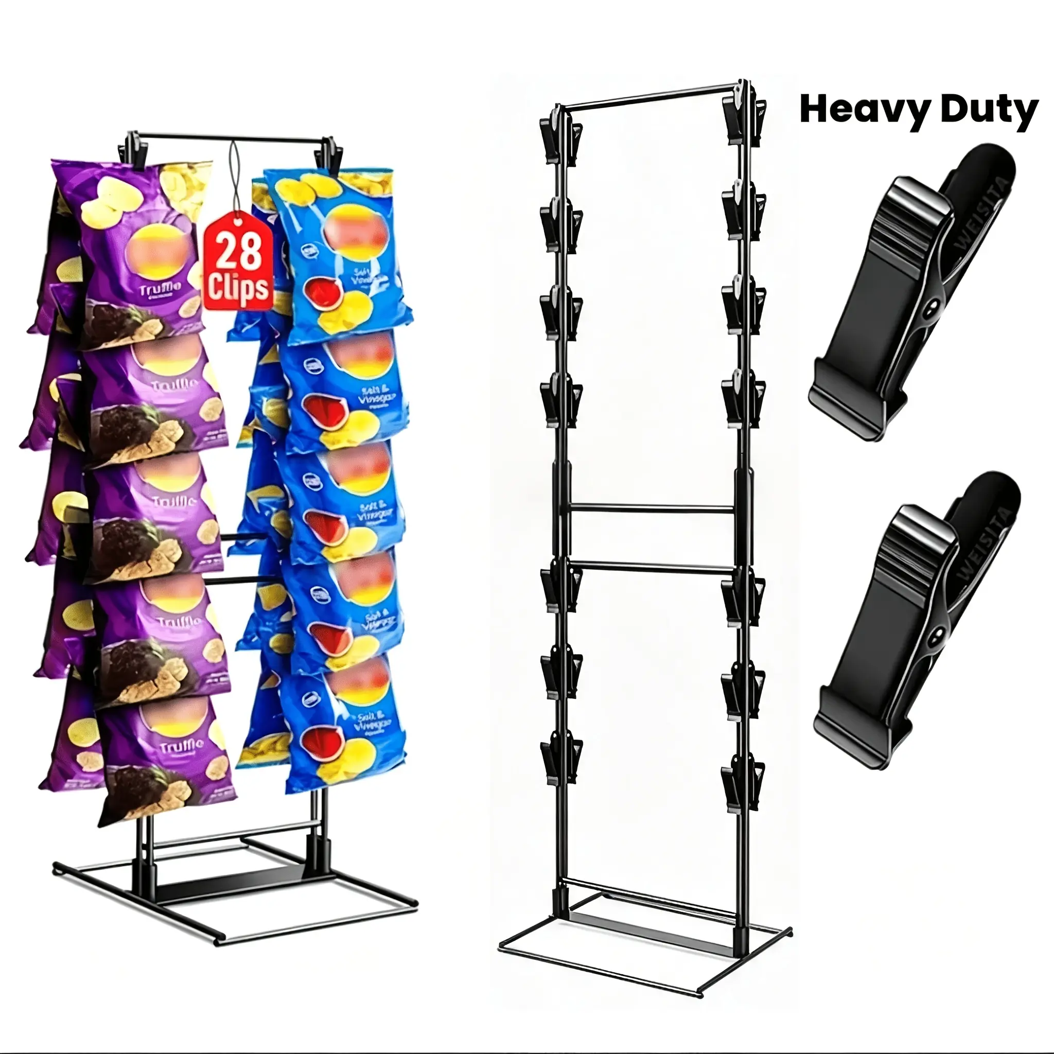 Heavy Duty Metal Frame Vertical Snack Rack Organizer with 28-Clip System for Efficient Storage and Display of Snacks, Chips