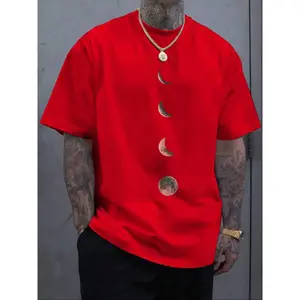 Men's regular moon print round neck T-shirt, summer casual short sleeved round neck T-shirtRAIMENTRY