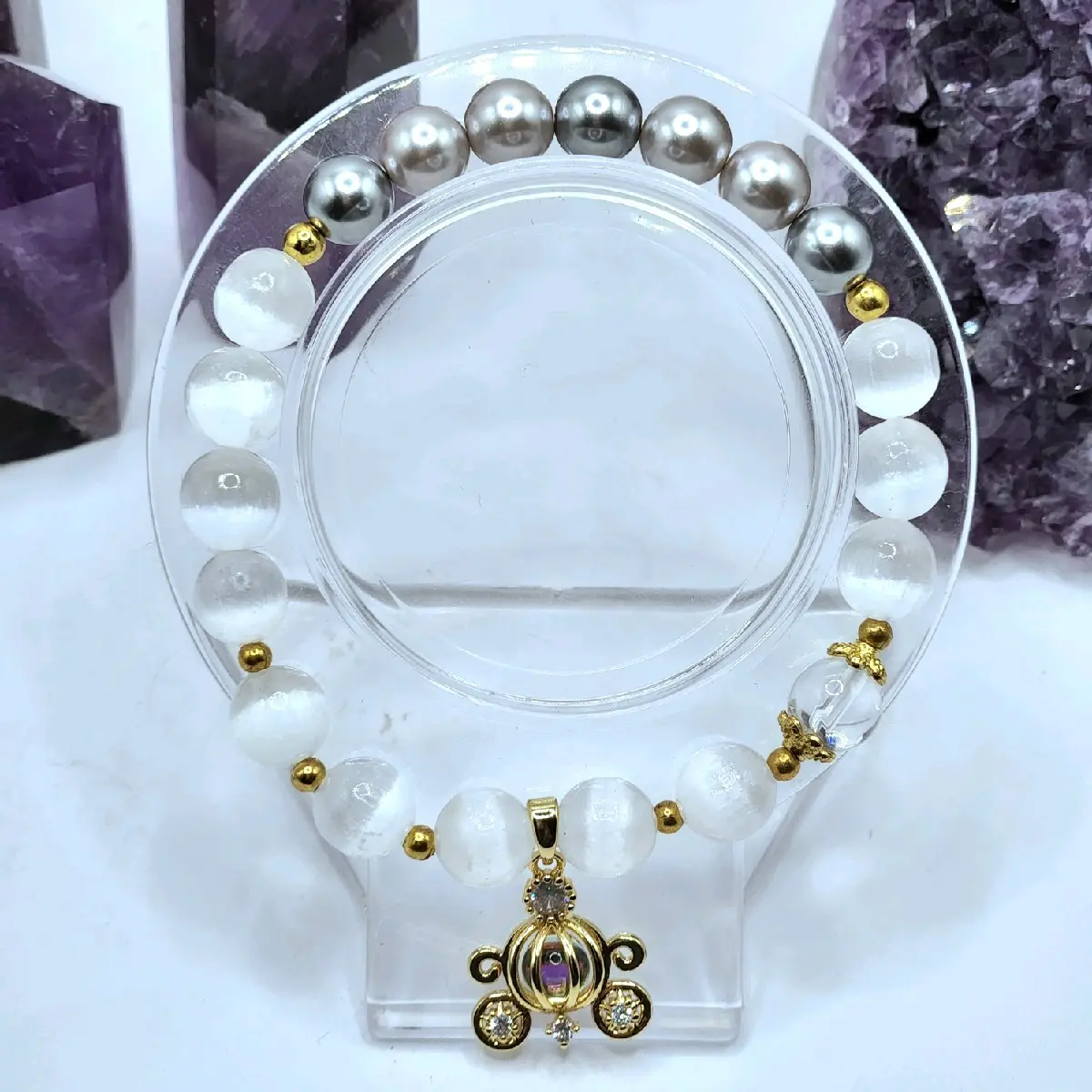 Selenite & Colored Shell Pearl Crystal Bracelet with Golden Cinderella Zircon Charm along with Gold Accessories