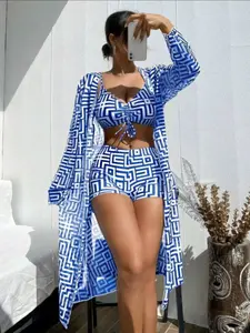 Womens 3 Pieces Bikini Set Swimsuit Tropical Beach Cover up Kimono Swimwear Bathing Suit with Boy Shorts