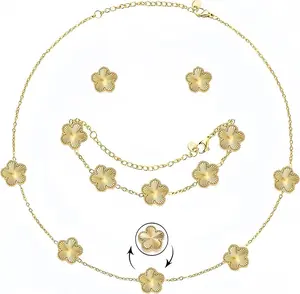 Lucky Clover Jewelry Set - 18K Gold Plated Flower Design Five Leaf Bracelet, Necklace Pendant, Earrings for Women - Lucky Gifts for Mom, Wife, Daughter, Friends