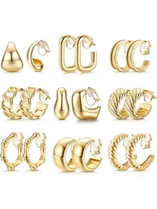 9Pairs Gold Clip on Earrings 14K Gold Plated Chunky Hoop Clip Earrings Trendy Clip on Hoop Earrings for Women Non-Pierced Fake Earring Jewelry