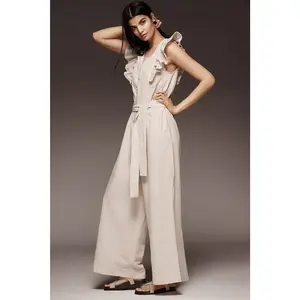 By Anthropologie Linen Blend Ruffle Jumpsuit SMALL Neutral PINSTRIPE