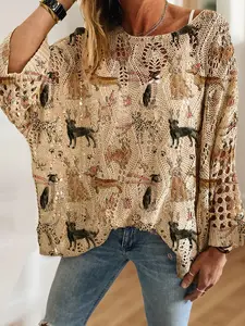 Women's Christmas Cartoon Dog Print Long Sleeve Knit Hollow Out Top, Casual Elegant Vacation Style Sweater, Loose Batwing Shoulder Design