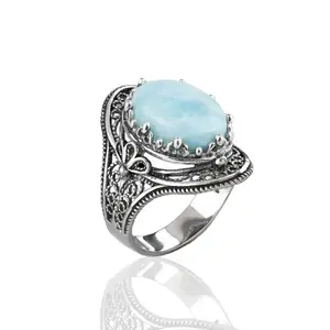 Larimar Gemstone Filigree Art Woman Silver Statement Ring